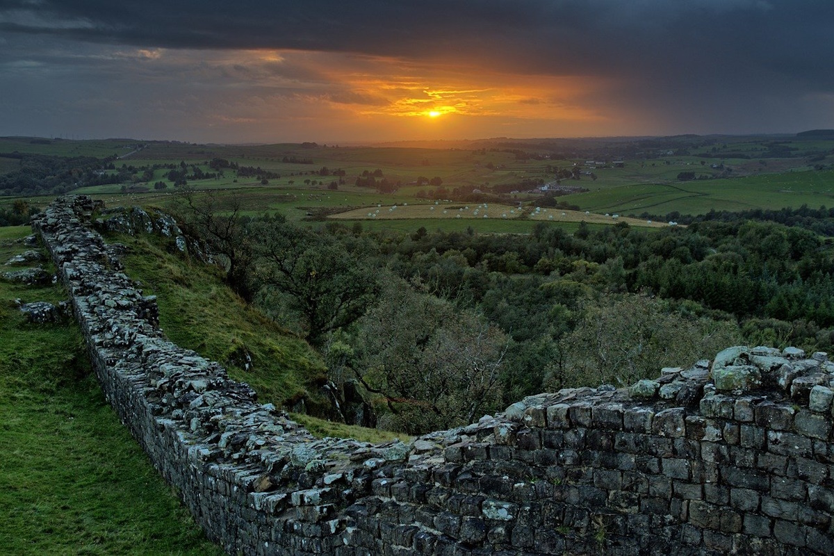 Reconstructed section of Hadrian's Wall showing its imposing structure