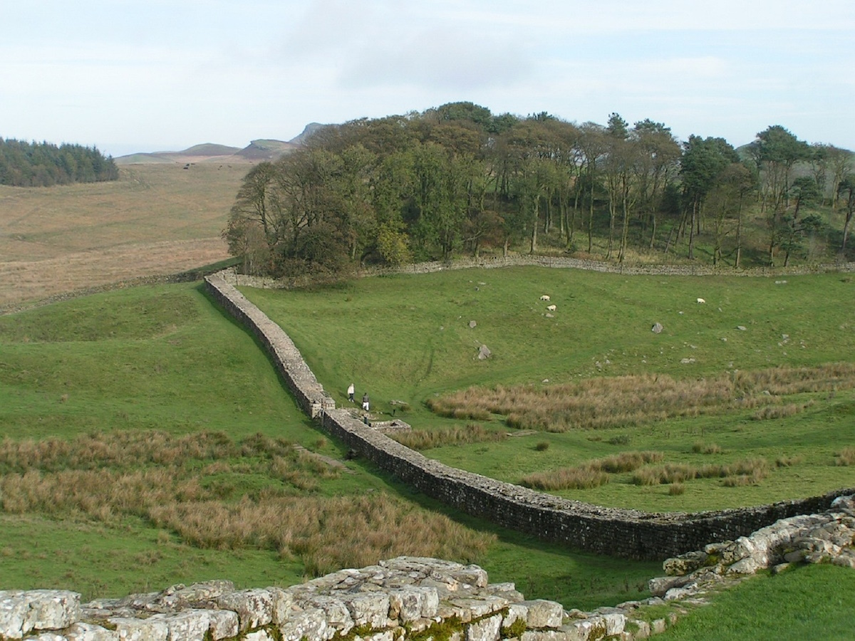 Panoramic view of Hadrian's Wall stretching across the rolling hills of northern England