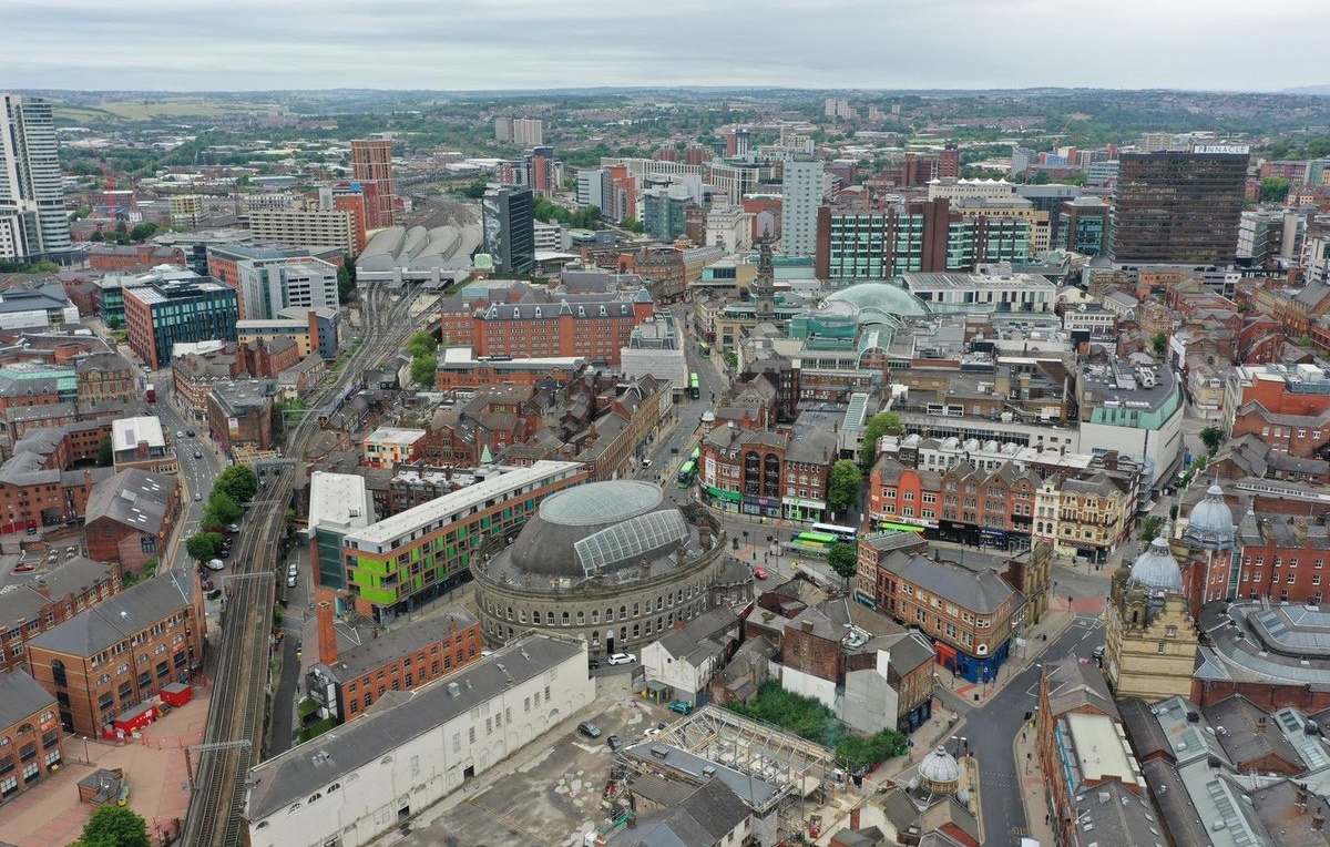 Leeds city skyline with modern architecture and historical buildings