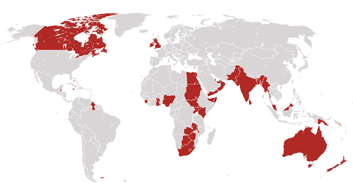 World map showing the extent of the British Empire at its peak, in vibrant colors