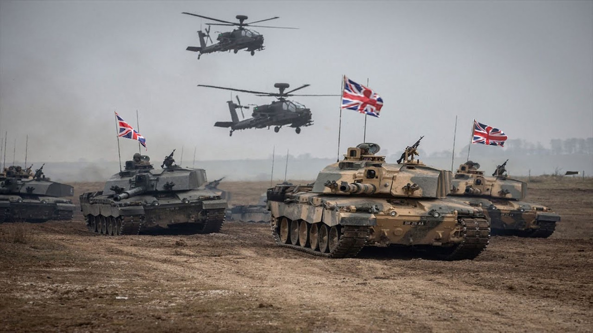 Collage of British Army, Royal Navy, and Royal Air Force personnel and equipment