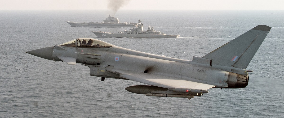 RAF Typhoon fighter jets flying in formation, showcasing the power and precision of the Royal Air Force